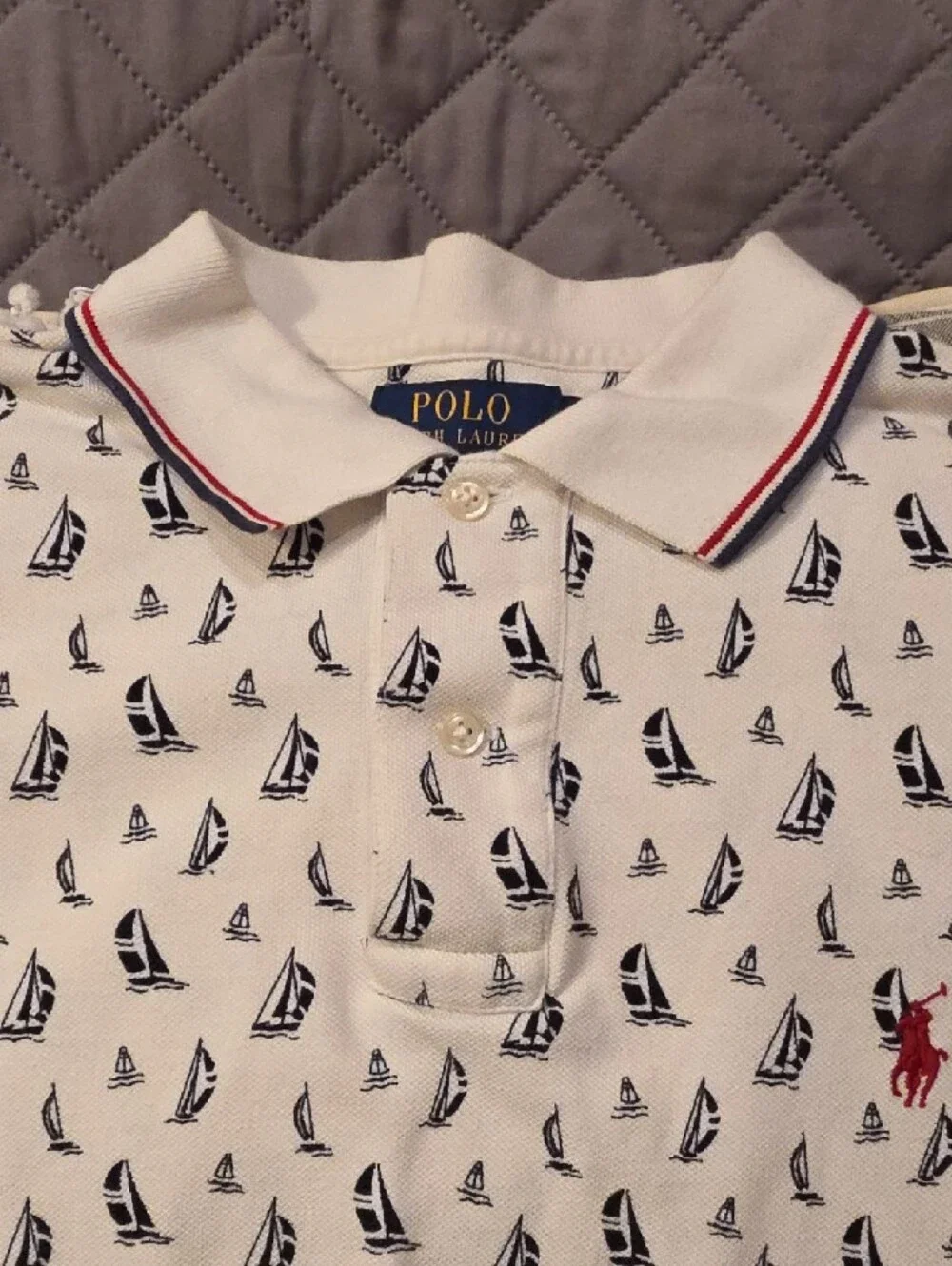 Polo by Ralph Lauren Classic Fit White Polo Shirt Navy Sailboat Print Red Logo